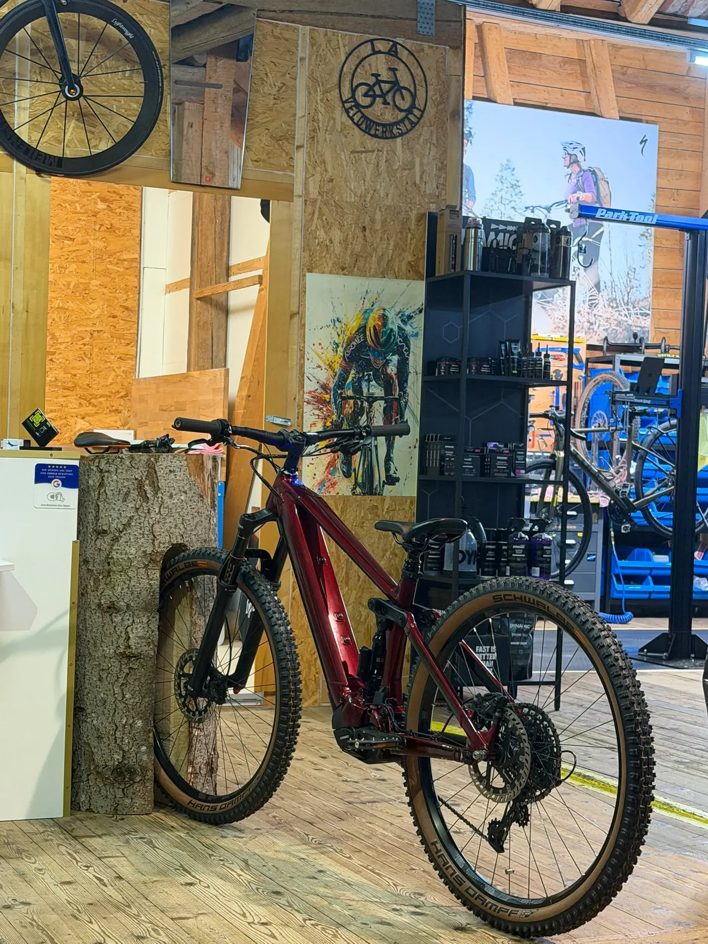 Rotes E-Mountainbike neben einem Baumstrunk im Verkaufsraum